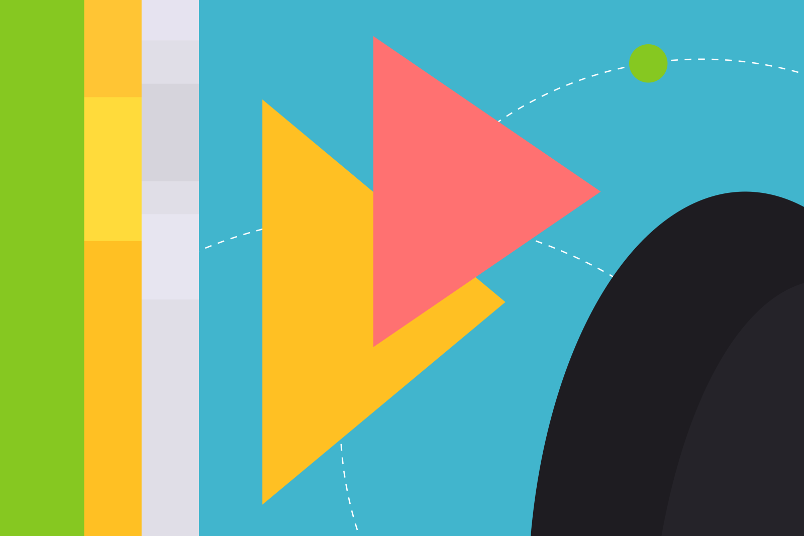Yellow and coral triangles glide toward a huge dark planet across a teal sky, past dashed flight paths and a small green moon, with bands of green, yellow, and gray along the left edge.