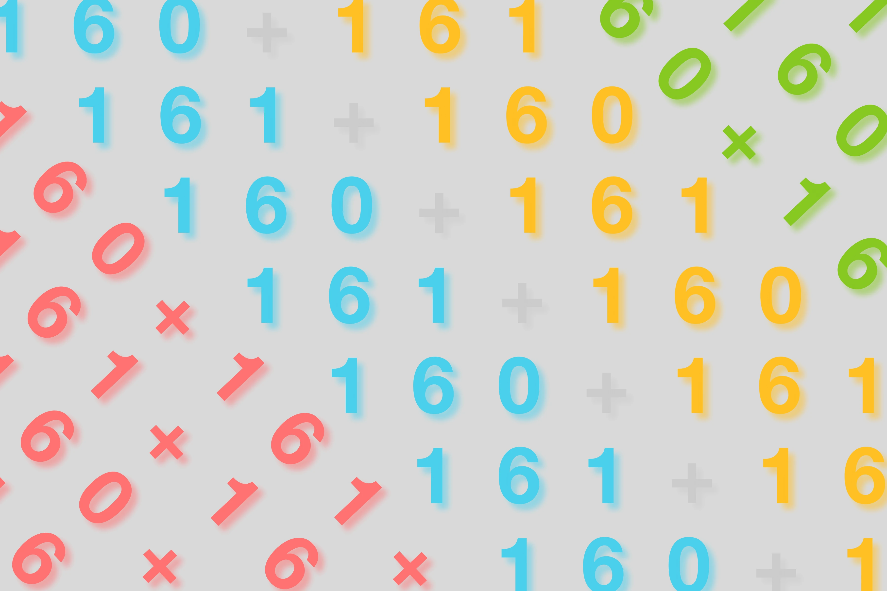 Rows of 160 and 161 in cyan and yellow, joined by plus signs, with tilted coral and lime digits on a light gray background.