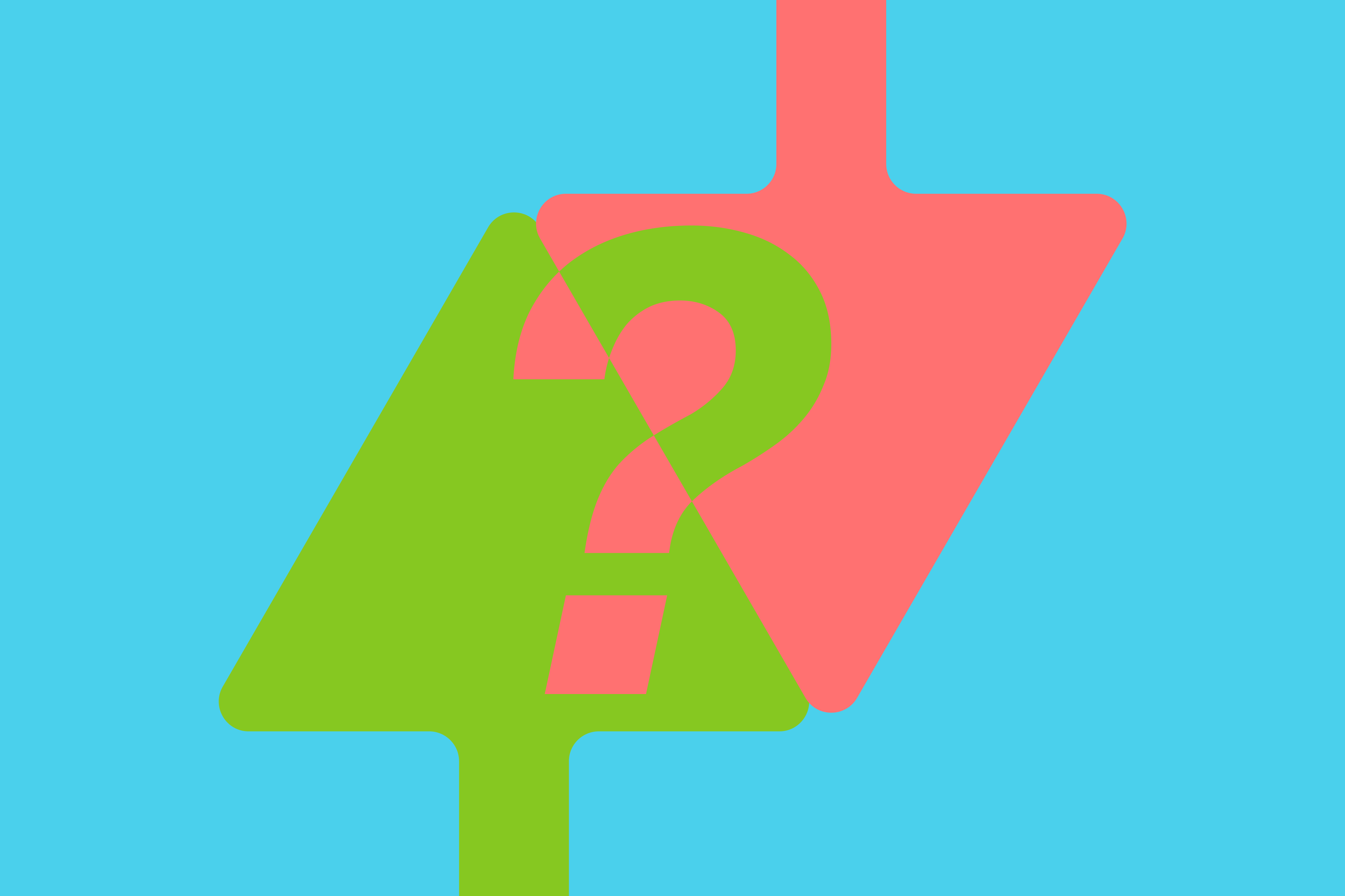 A lime upward arrow and coral downward arrow overlap around a question mark on a cyan background.