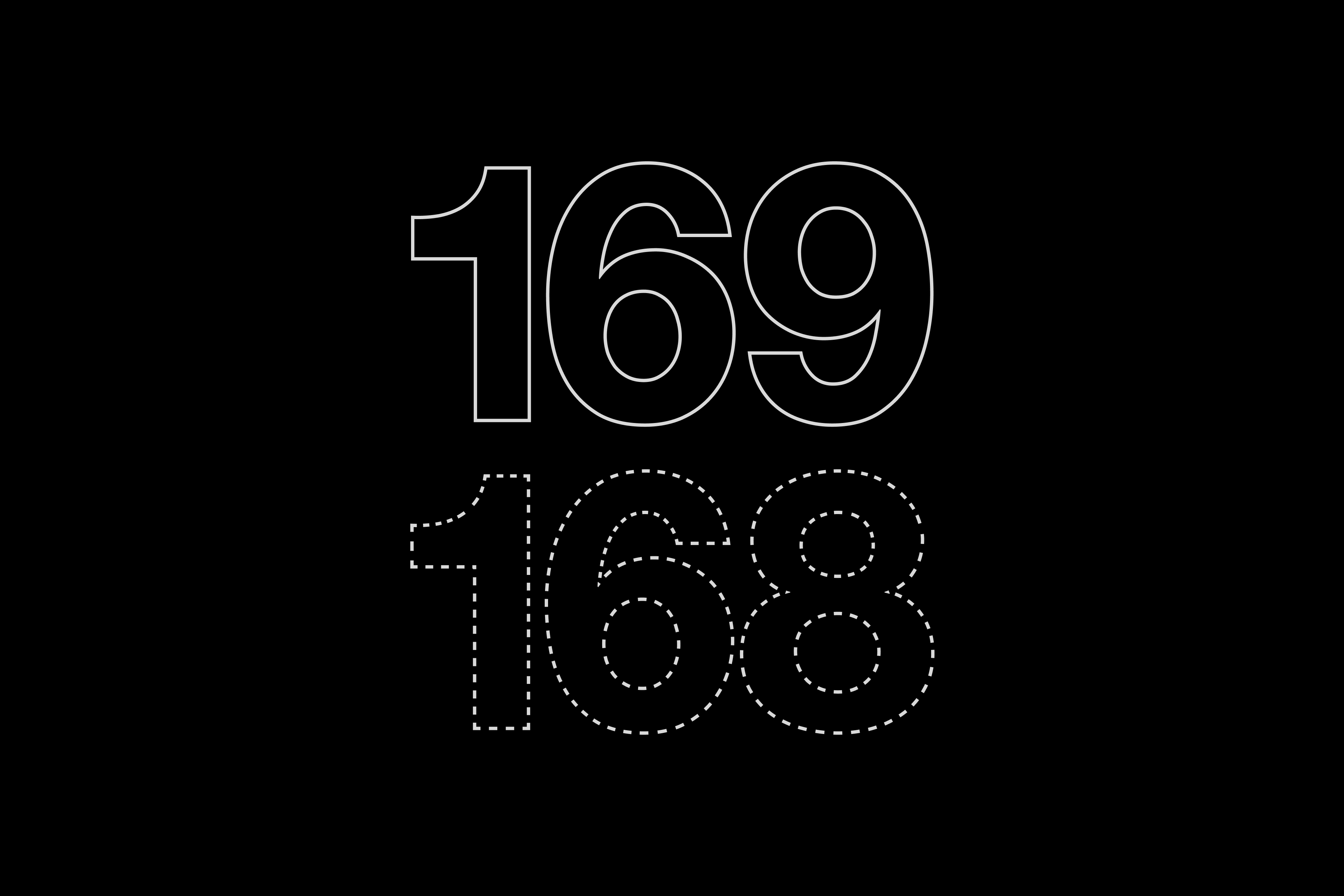 The number 169 outlined in light gray above a dashed 168 on a black background.