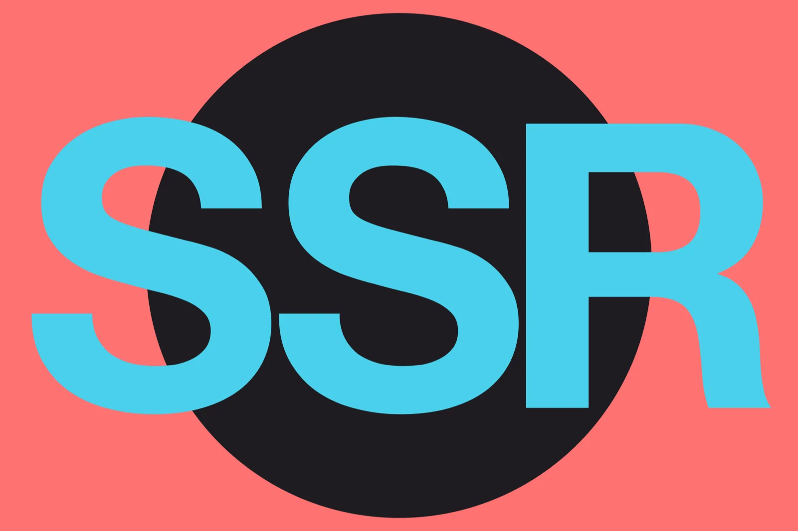The letters SSR in cyan set over a large black circle on a coral background.