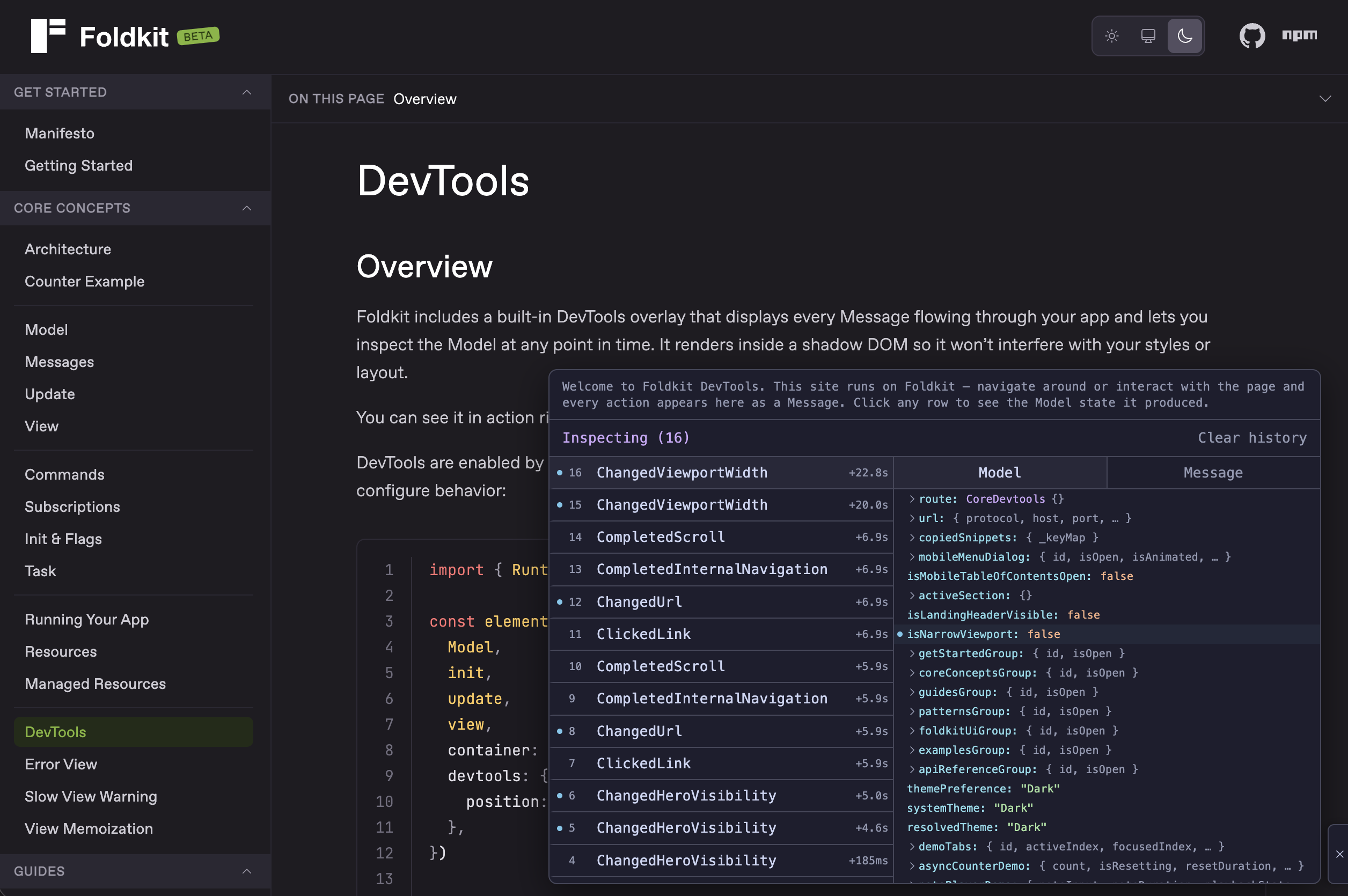 Foldkit DevTools overlay inspecting the Foldkit website — a numbered Message timeline on the left with entries like ClickedLink, ChangedUrl, and CompletedScroll, and an expandable Model state tree on the right showing route, url, and theme fields