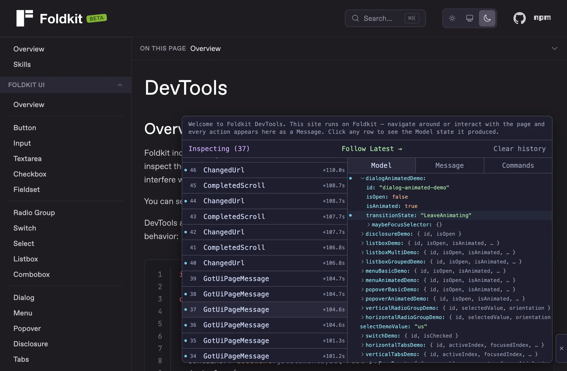 Foldkit DevTools overlay inspecting the Foldkit website — a numbered Message timeline on the left with entries like ClickedLink, ChangedUrl, and CompletedScroll, and an expandable Model state tree on the right showing route, url, and theme fields.